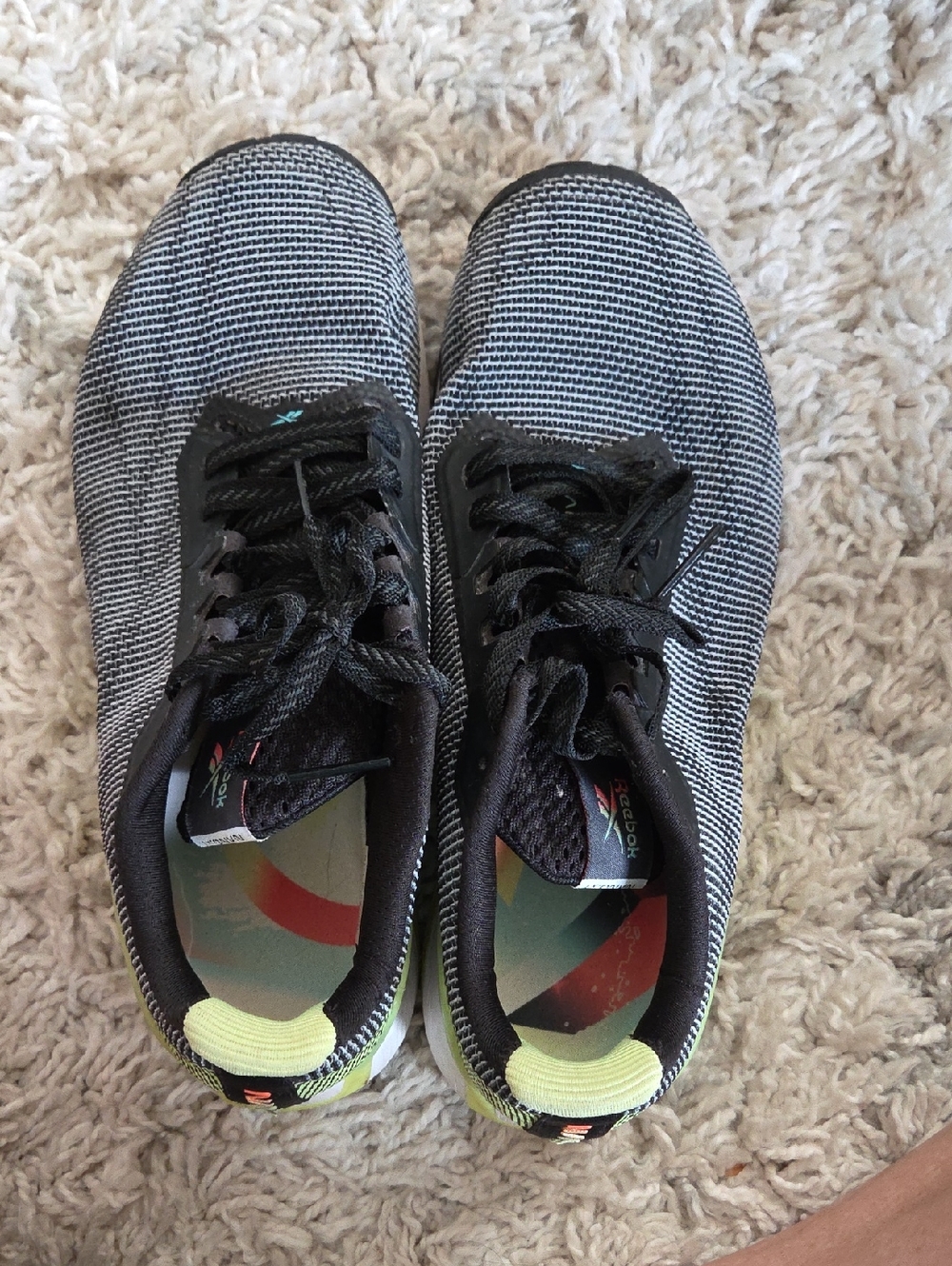 Reebok Women's Black and Gray Knit Athletic Sneakers with Neon Yellow Accents